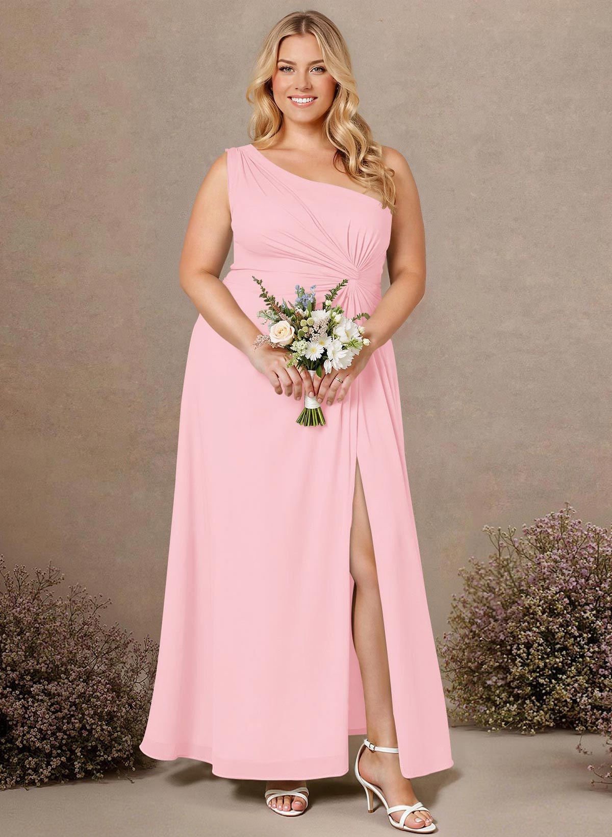 Modest One-Shoulder Sleeveless Chiffon Bridesmaid Dresses With Twisted Knot, product image 230