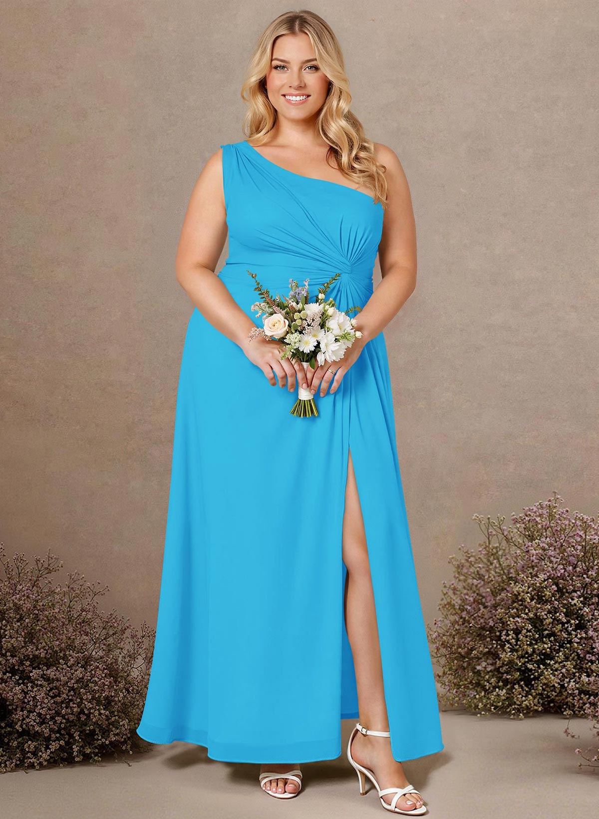 Modest One-Shoulder Sleeveless Chiffon Bridesmaid Dresses With Twisted Knot, product image 258