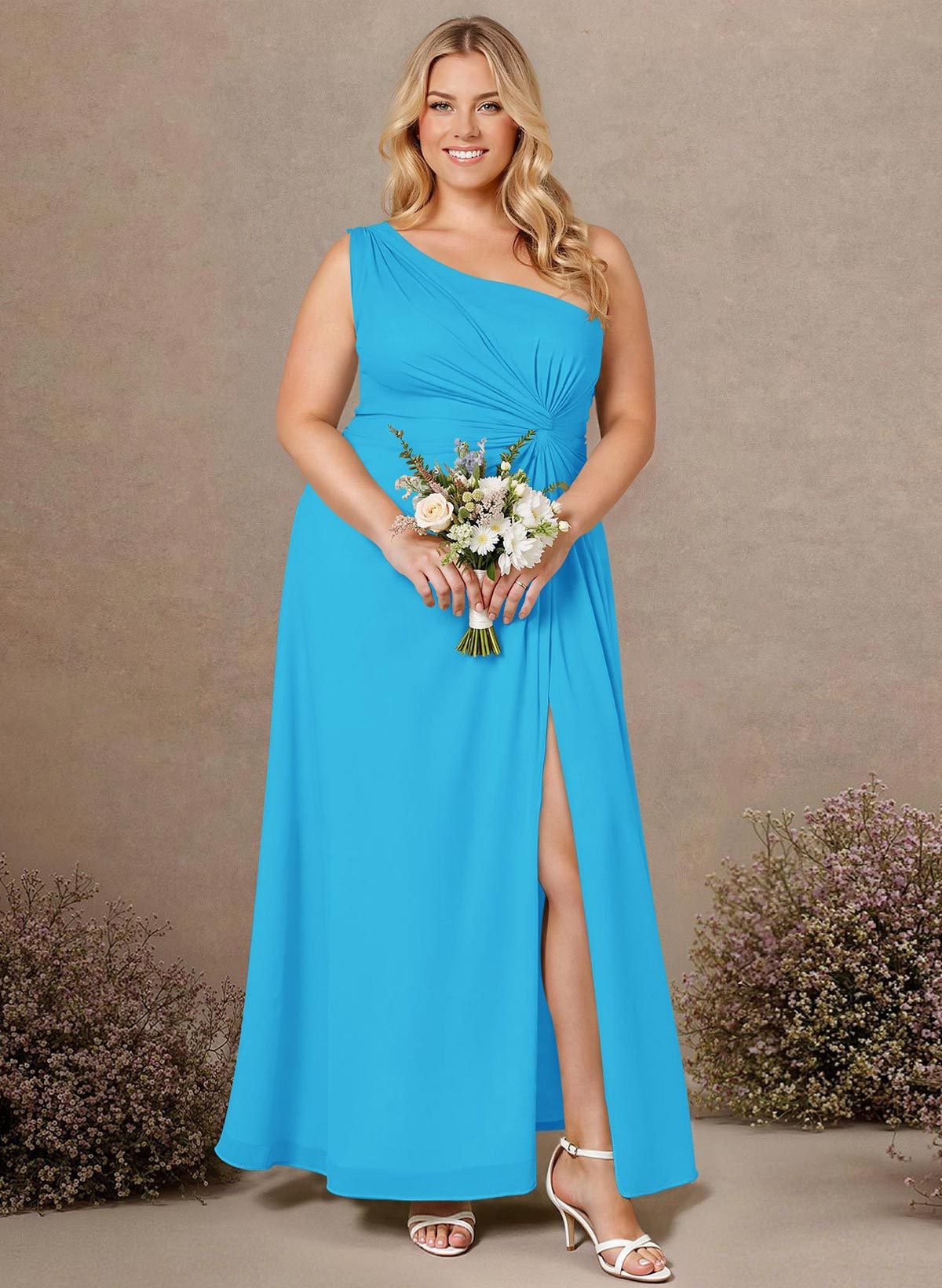 Modest One-Shoulder Sleeveless Chiffon Bridesmaid Dresses With Twisted Knot, product image 258