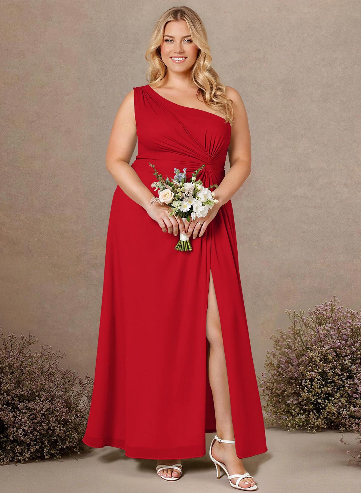 Modest One-Shoulder Sleeveless Chiffon Bridesmaid Dresses With Twisted Knot, product image 242