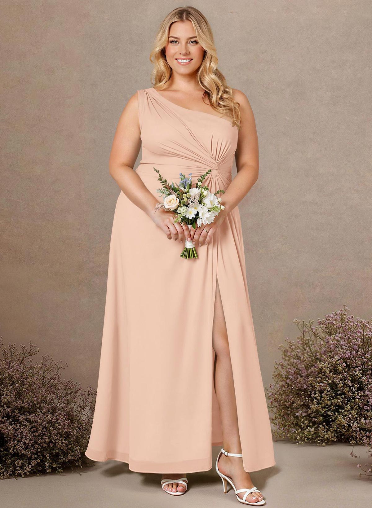 Modest One-Shoulder Sleeveless Chiffon Bridesmaid Dresses With Twisted Knot, product image 152