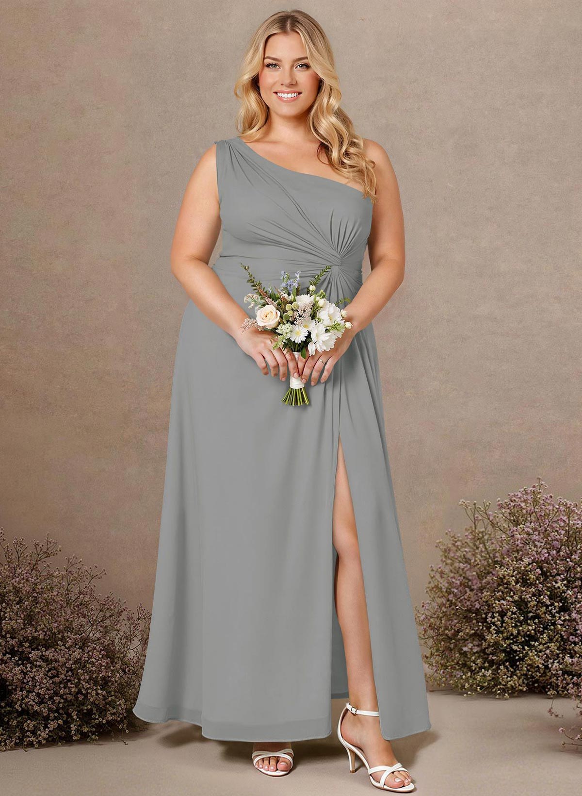Modest One-Shoulder Sleeveless Chiffon Bridesmaid Dresses With Twisted Knot, product image 164