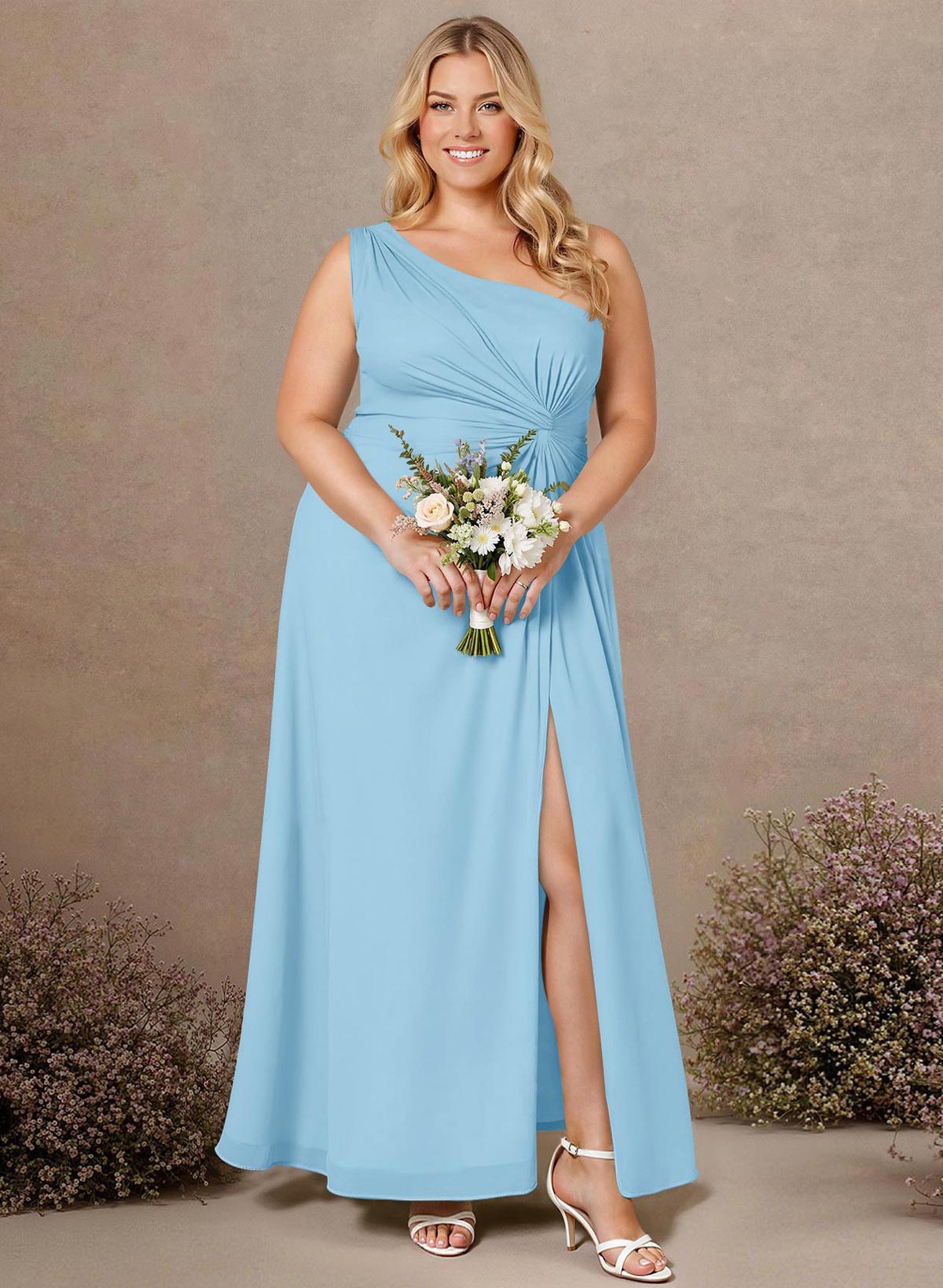 Modest One-Shoulder Sleeveless Chiffon Bridesmaid Dresses With Twisted Knot, product image 254