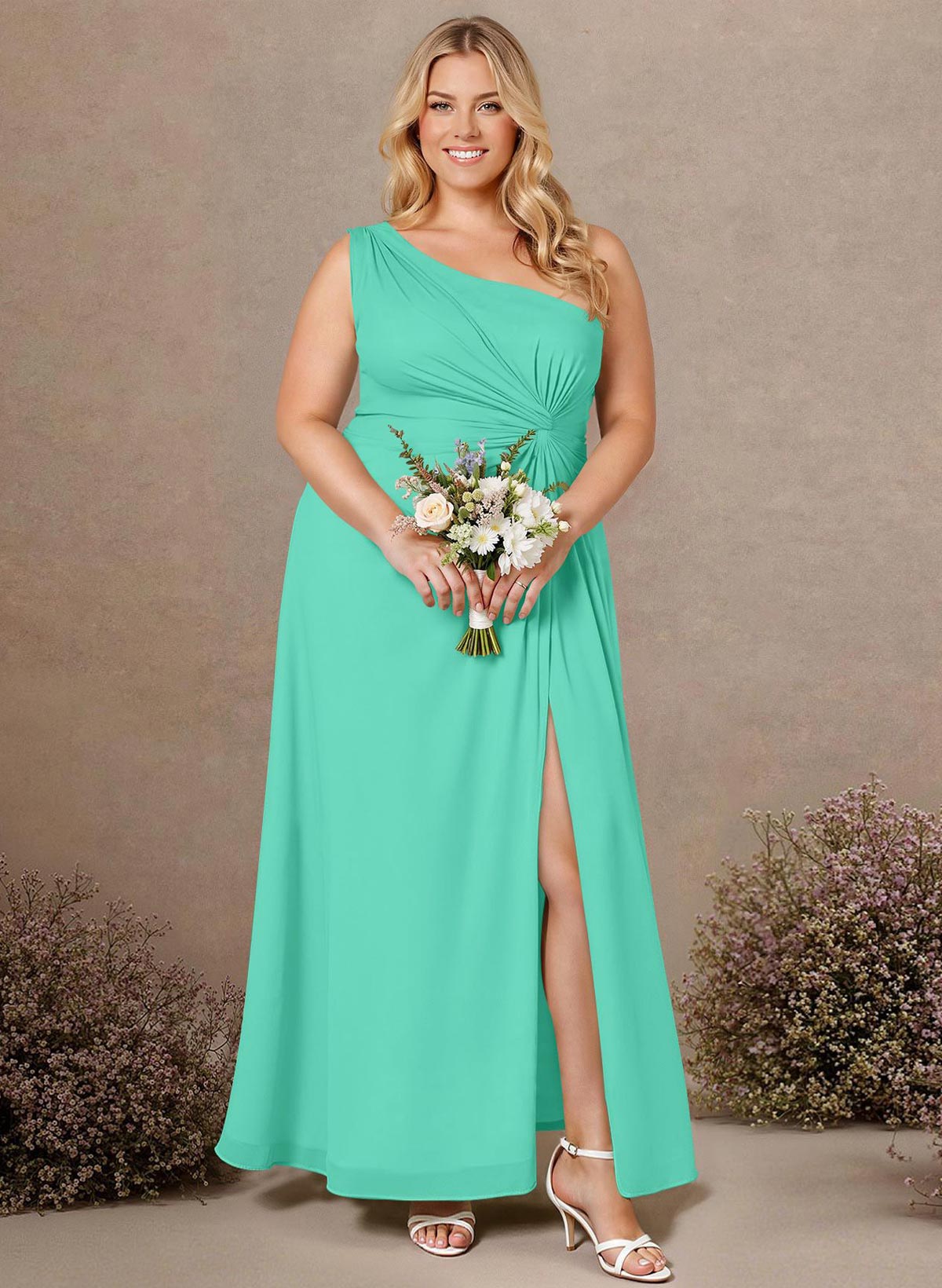 Modest One-Shoulder Sleeveless Chiffon Bridesmaid Dresses With Twisted Knot, product image 184