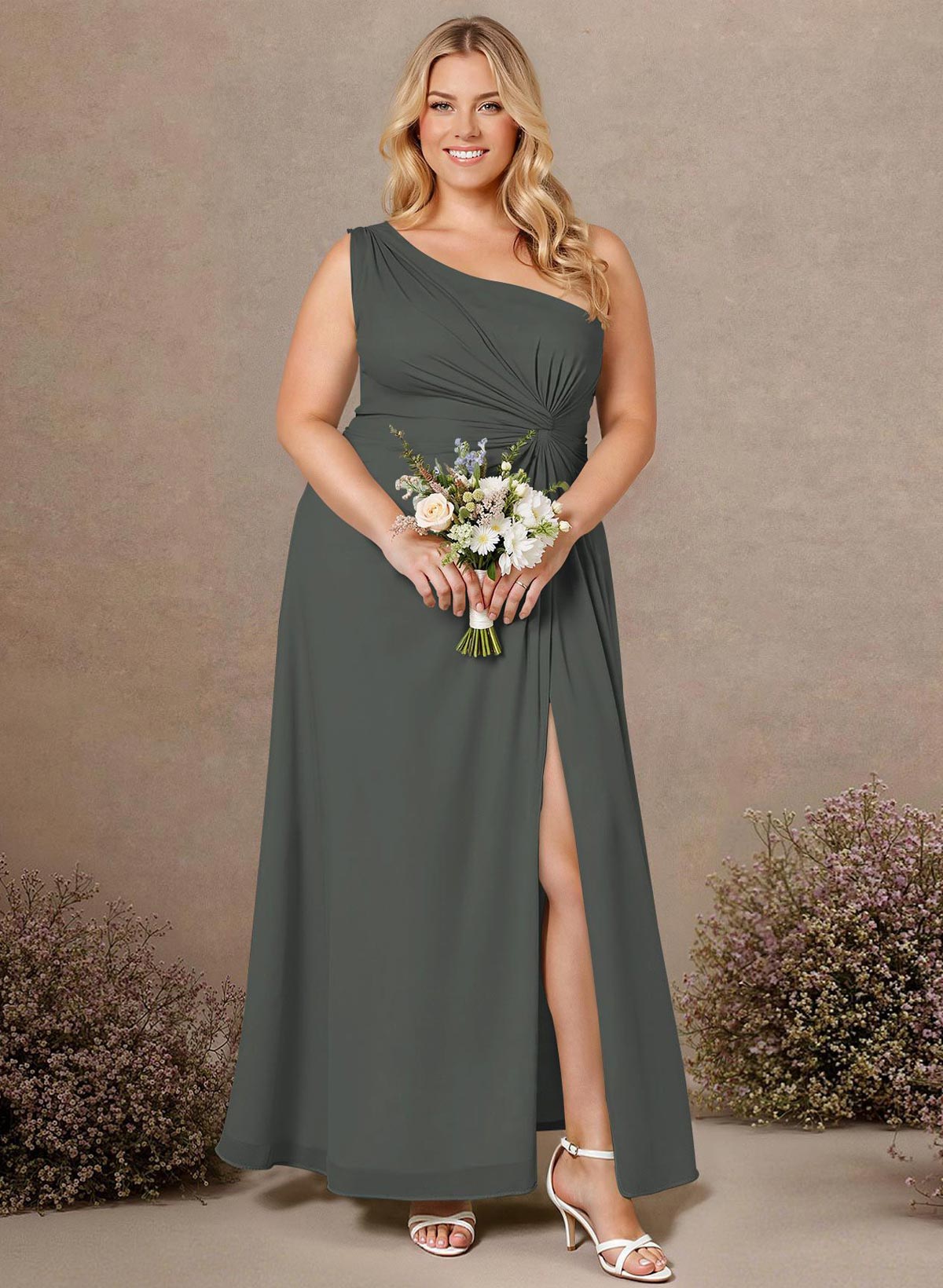 Modest One-Shoulder Sleeveless Chiffon Bridesmaid Dresses With Twisted Knot, product image 162