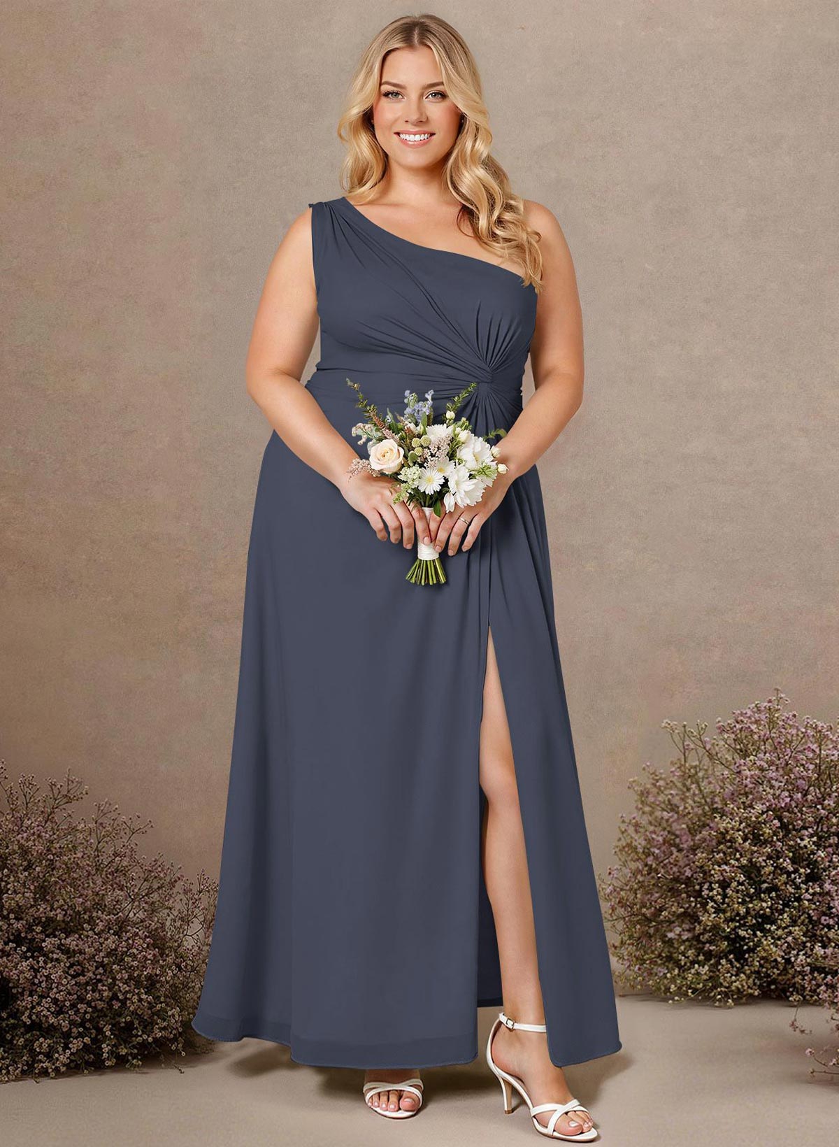 Modest One-Shoulder Sleeveless Chiffon Bridesmaid Dresses With Twisted Knot, product image 266