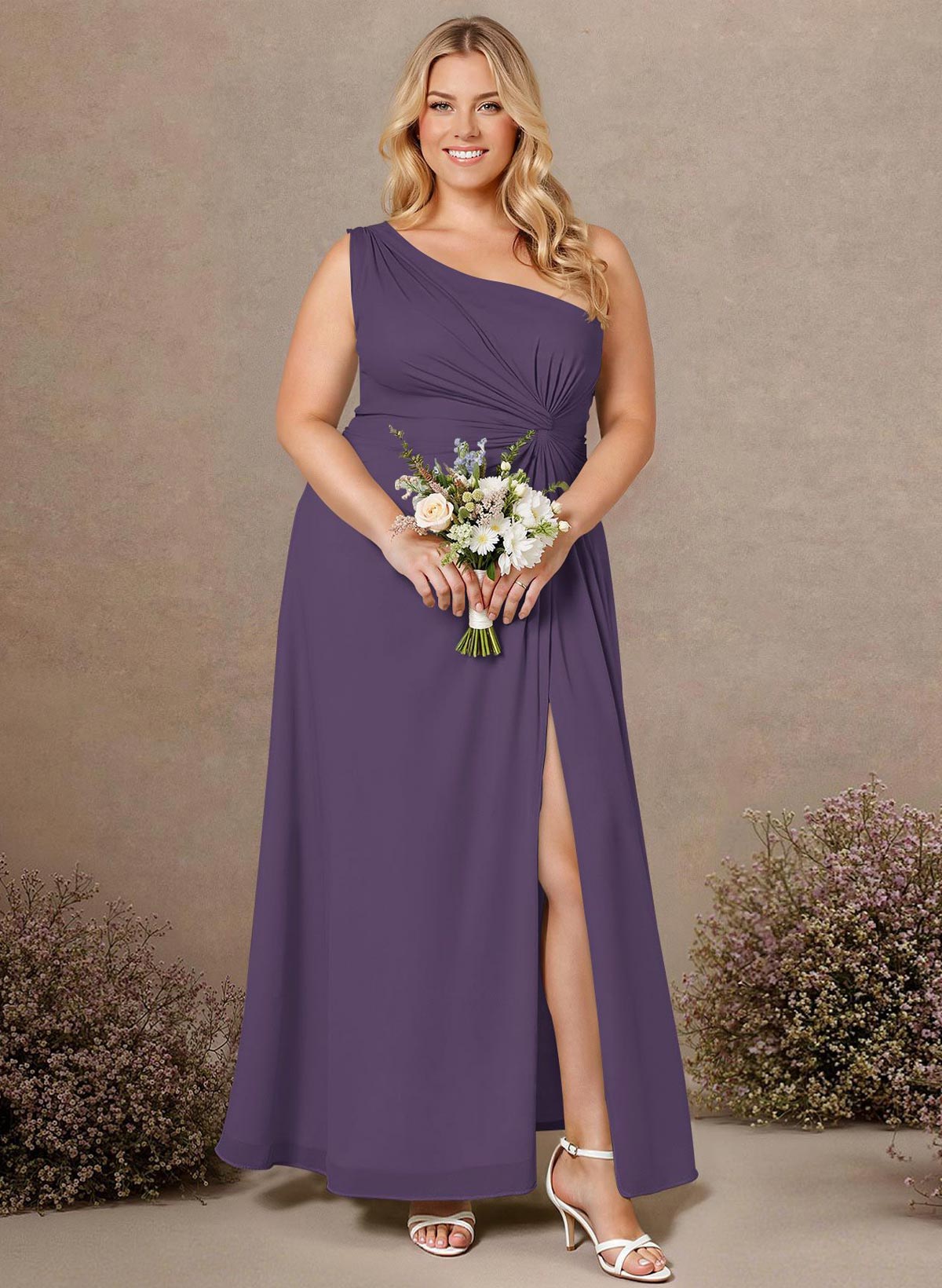 Modest One-Shoulder Sleeveless Chiffon Bridesmaid Dresses With Twisted Knot, product image 210