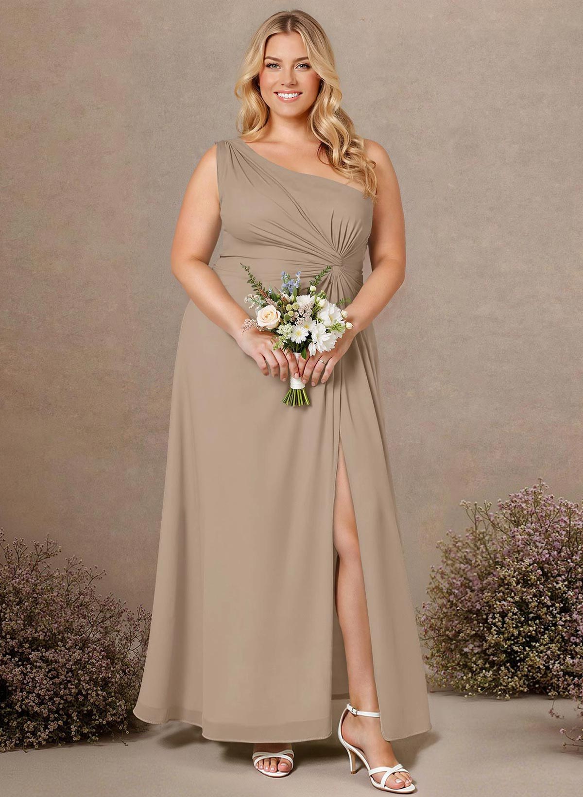 Modest One-Shoulder Sleeveless Chiffon Bridesmaid Dresses With Twisted Knot, product image 180