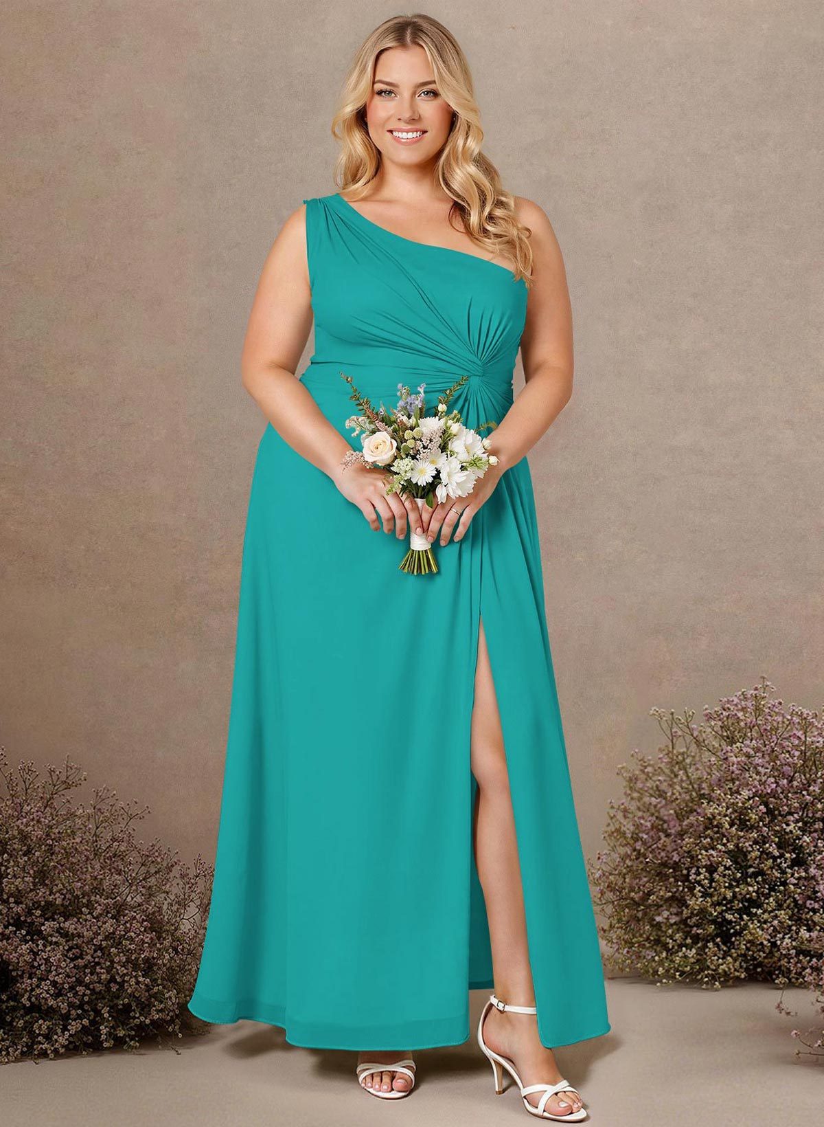 Modest One-Shoulder Sleeveless Chiffon Bridesmaid Dresses With Twisted Knot, product image 142