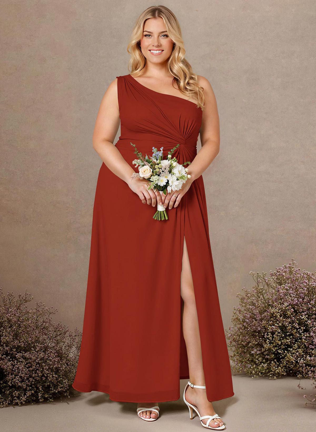 Modest One-Shoulder Sleeveless Chiffon Bridesmaid Dresses With Twisted Knot, product image 240