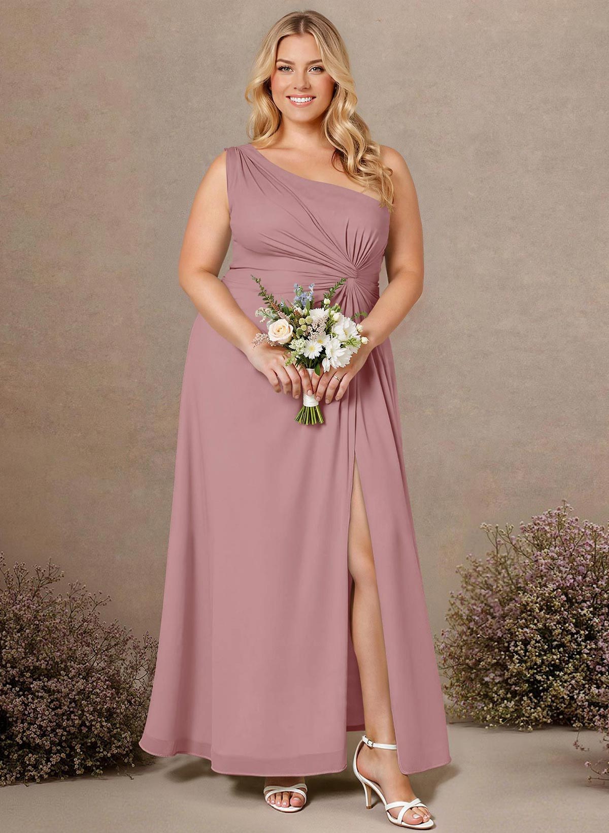 Modest One-Shoulder Sleeveless Chiffon Bridesmaid Dresses With Twisted Knot, product image 218
