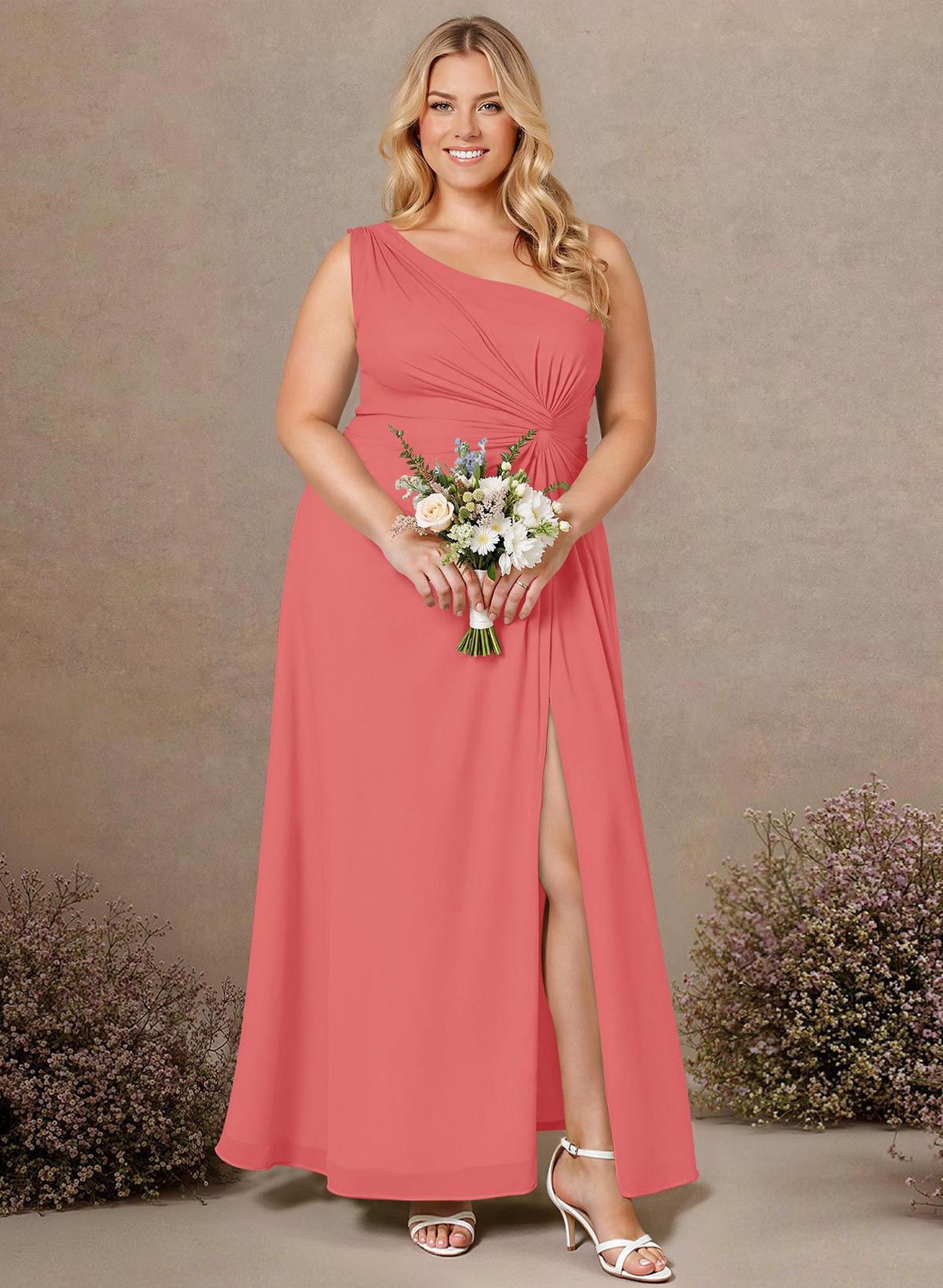 Modest One-Shoulder Sleeveless Chiffon Bridesmaid Dresses With Twisted Knot, product image 238