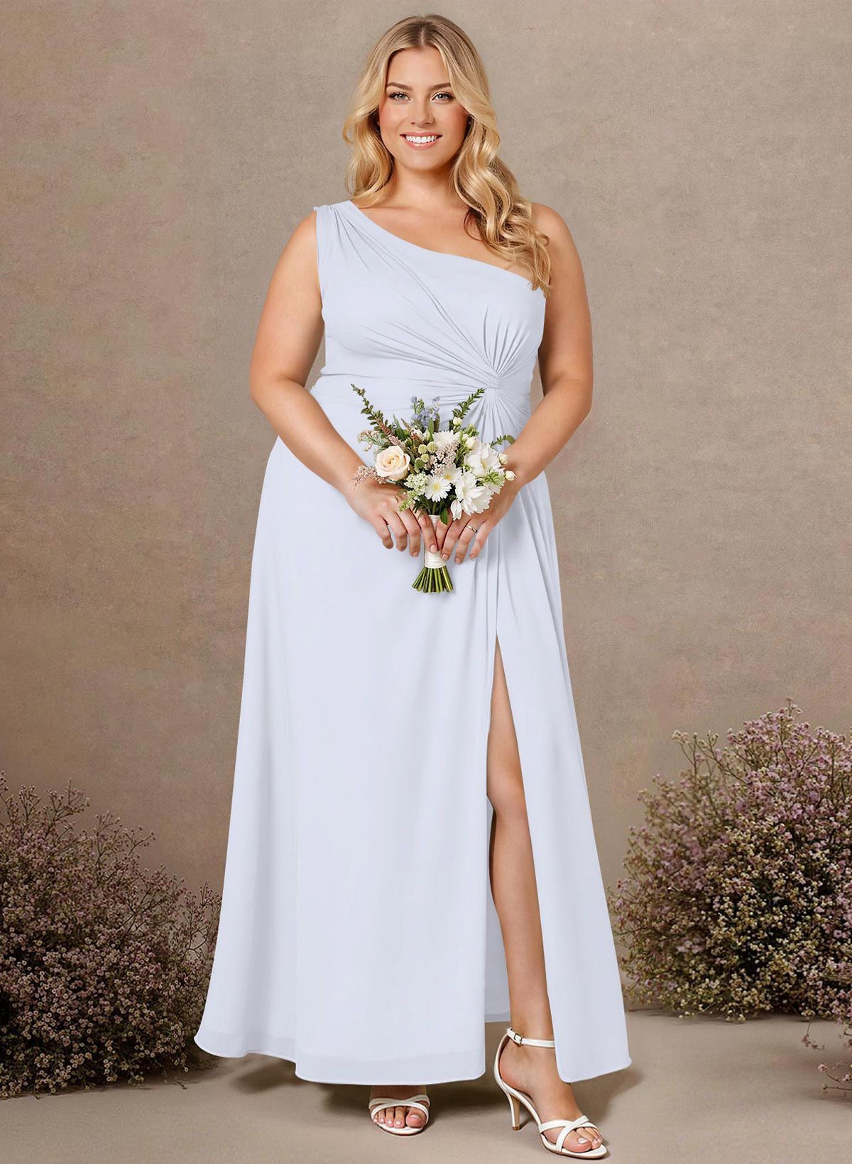 Modest One-Shoulder Sleeveless Chiffon Bridesmaid Dresses With Twisted Knot, product image 166