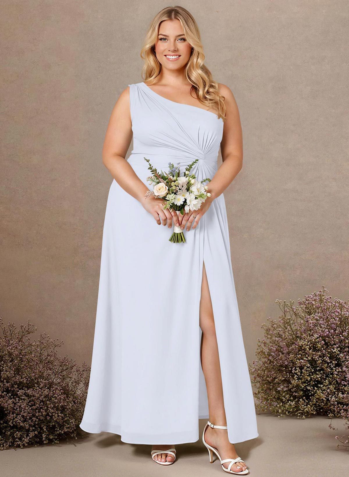 Modest One-Shoulder Sleeveless Chiffon Bridesmaid Dresses With Twisted Knot, product image 166