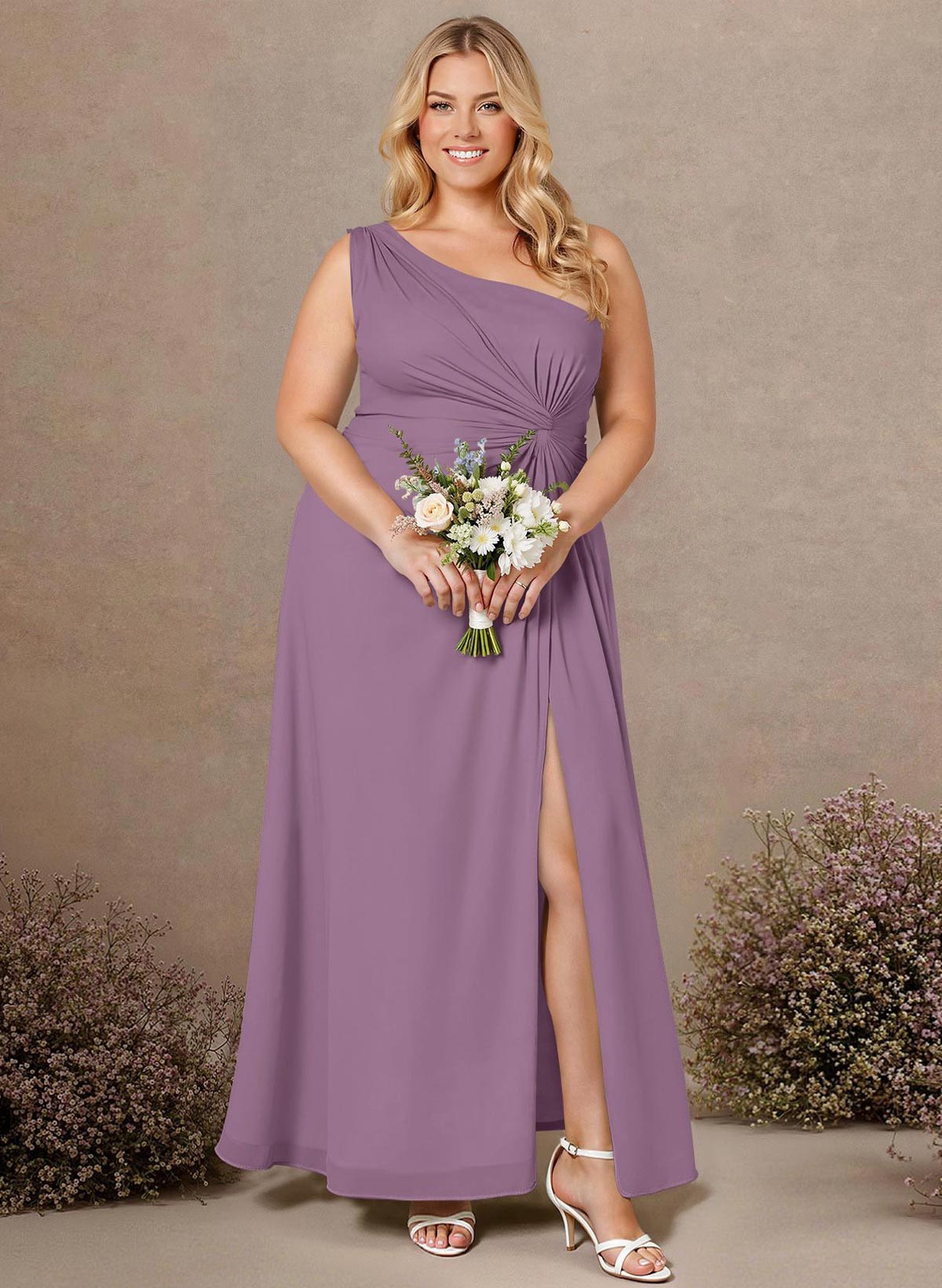 Modest One-Shoulder Sleeveless Chiffon Bridesmaid Dresses With Twisted Knot, product image 220