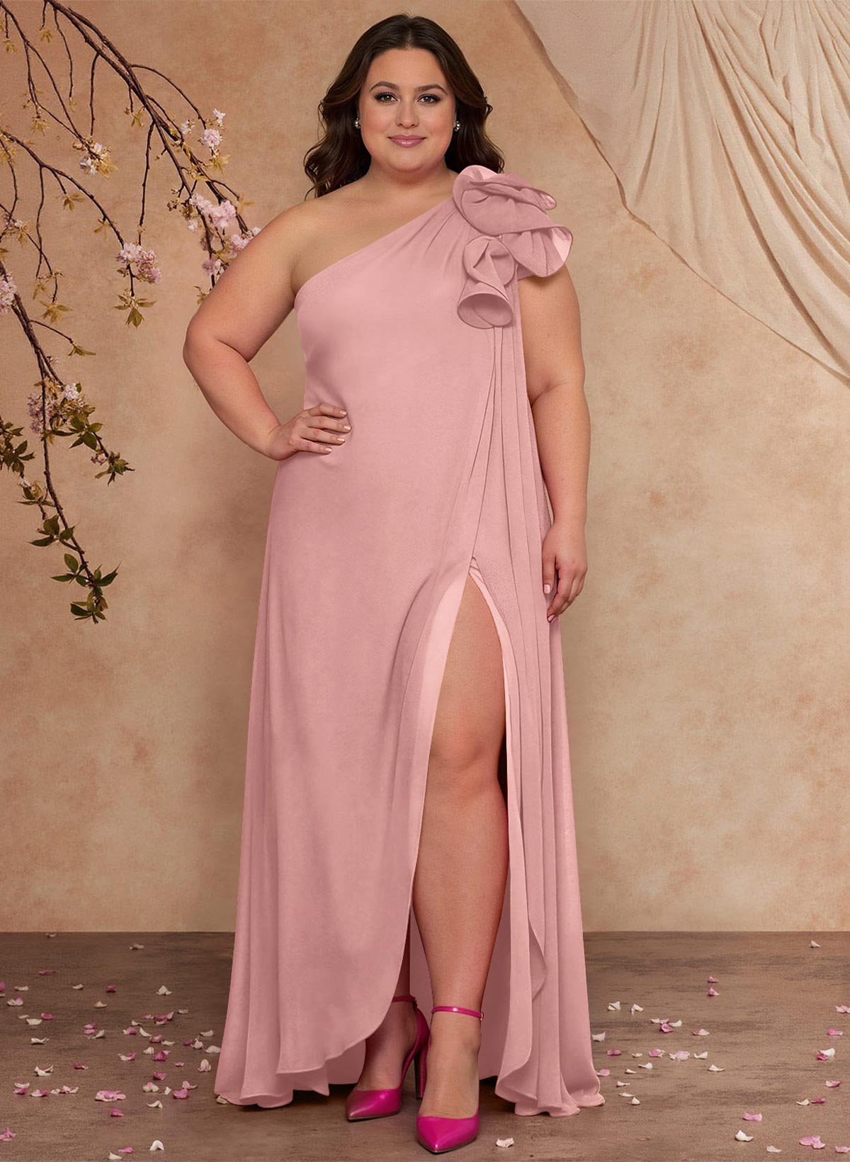 One-Shoulder Floor-Length Chiffon Mother Of The Bride Dresses With Split Front
