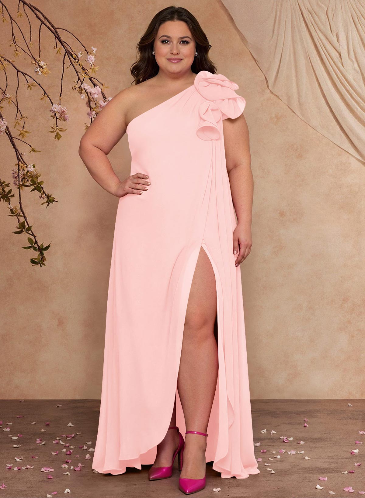 One-Shoulder Floor-Length Chiffon Mother Of The Bride Dresses With Split Front