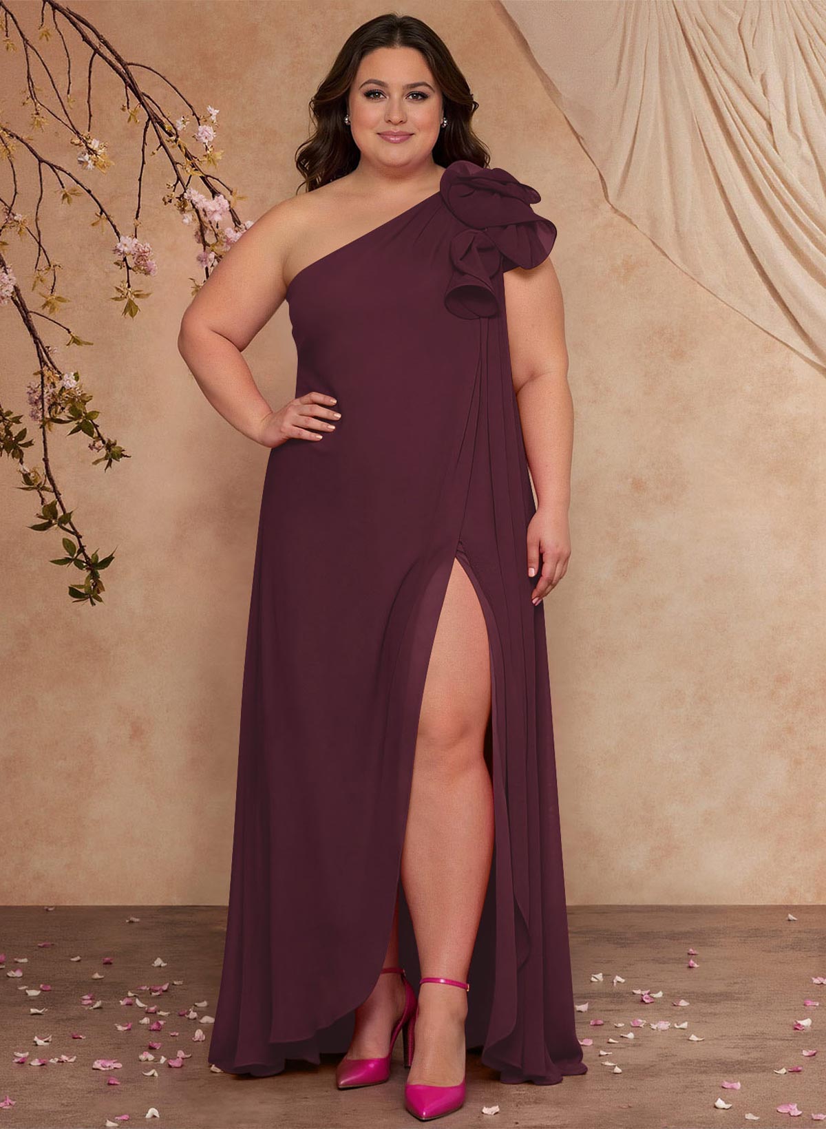 One-Shoulder Floor-Length Chiffon Mother Of The Bride Dresses With Split Front