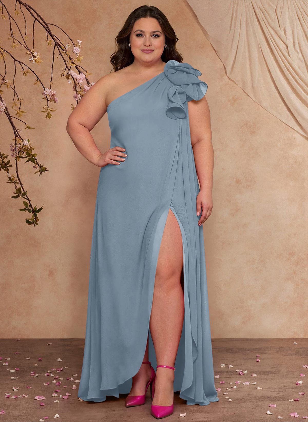 One-Shoulder Floor-Length Chiffon Mother Of The Bride Dresses With Split Front