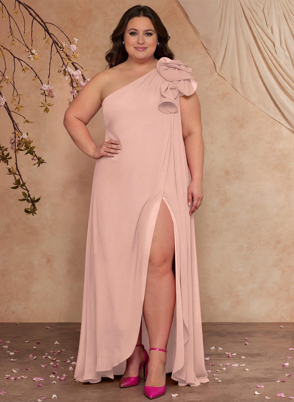 One-Shoulder Floor-Length Chiffon Mother Of The Bride Dresses With Split Front