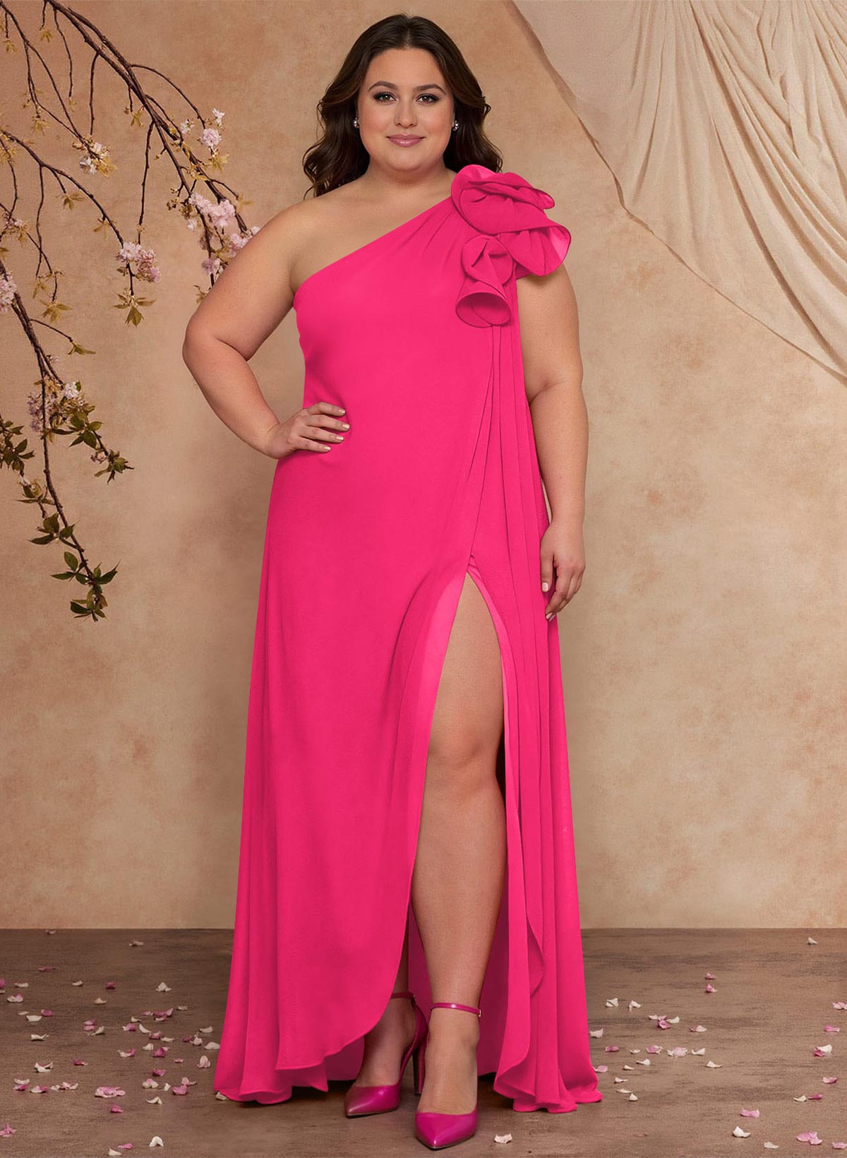 One-Shoulder Floor-Length Chiffon Mother Of The Bride Dresses With Split Front