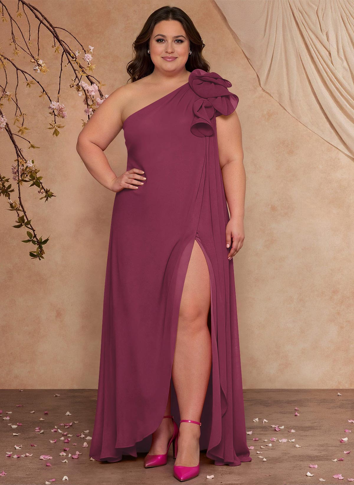 One-Shoulder Floor-Length Chiffon Mother Of The Bride Dresses With Split Front