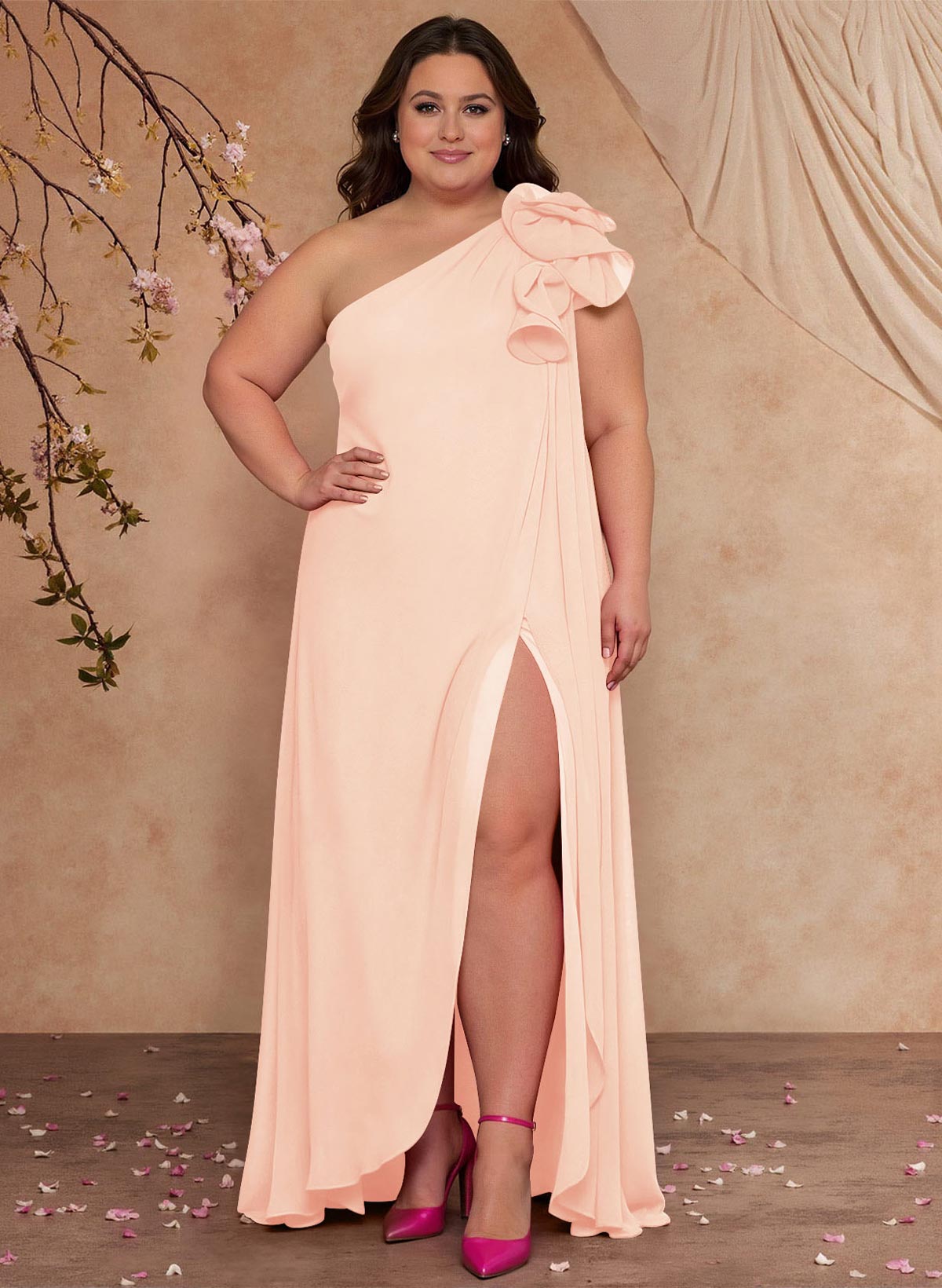 One-Shoulder Floor-Length Chiffon Mother Of The Bride Dresses With Split Front