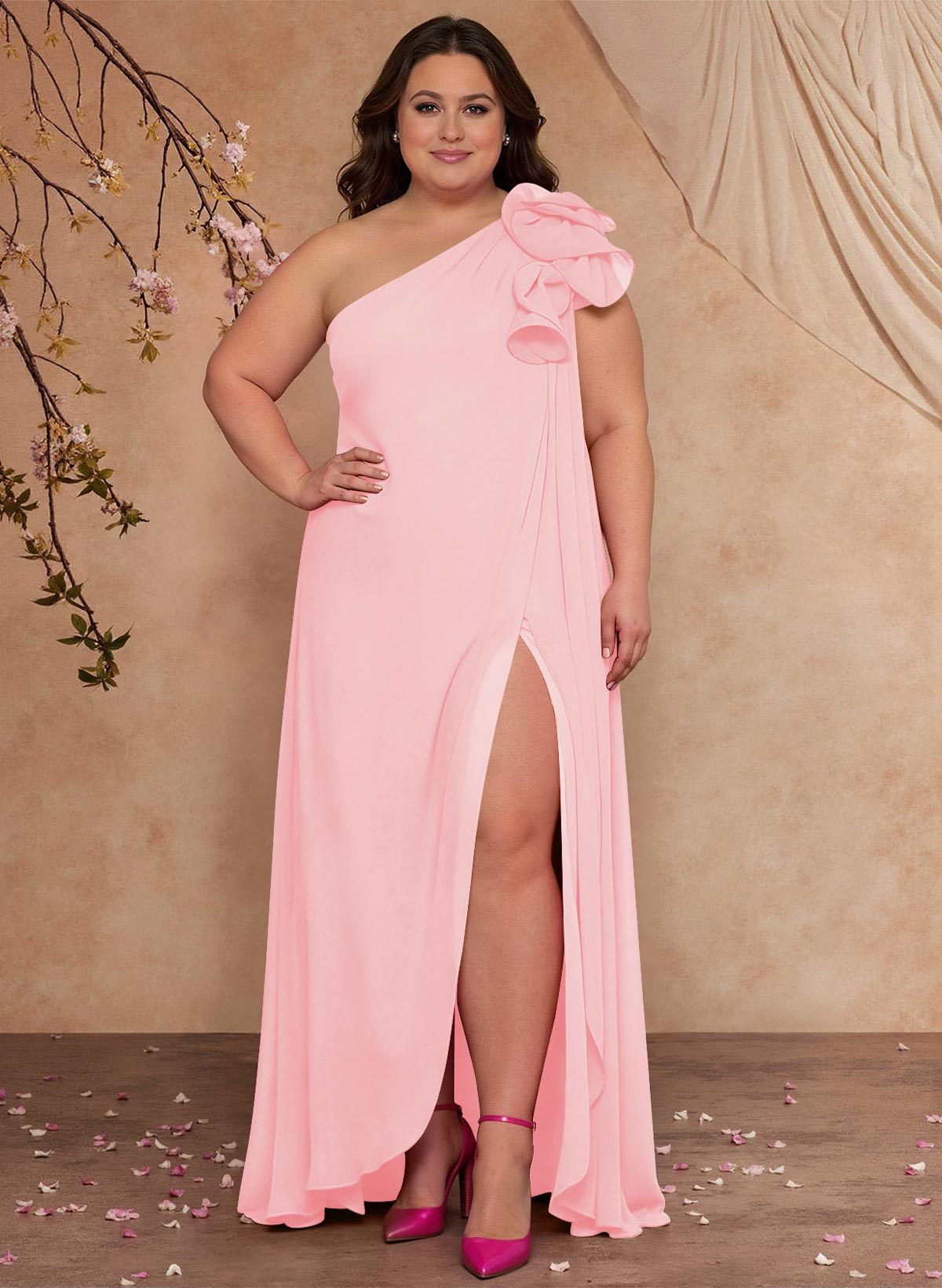 One-Shoulder Floor-Length Chiffon Mother Of The Bride Dresses With Split Front