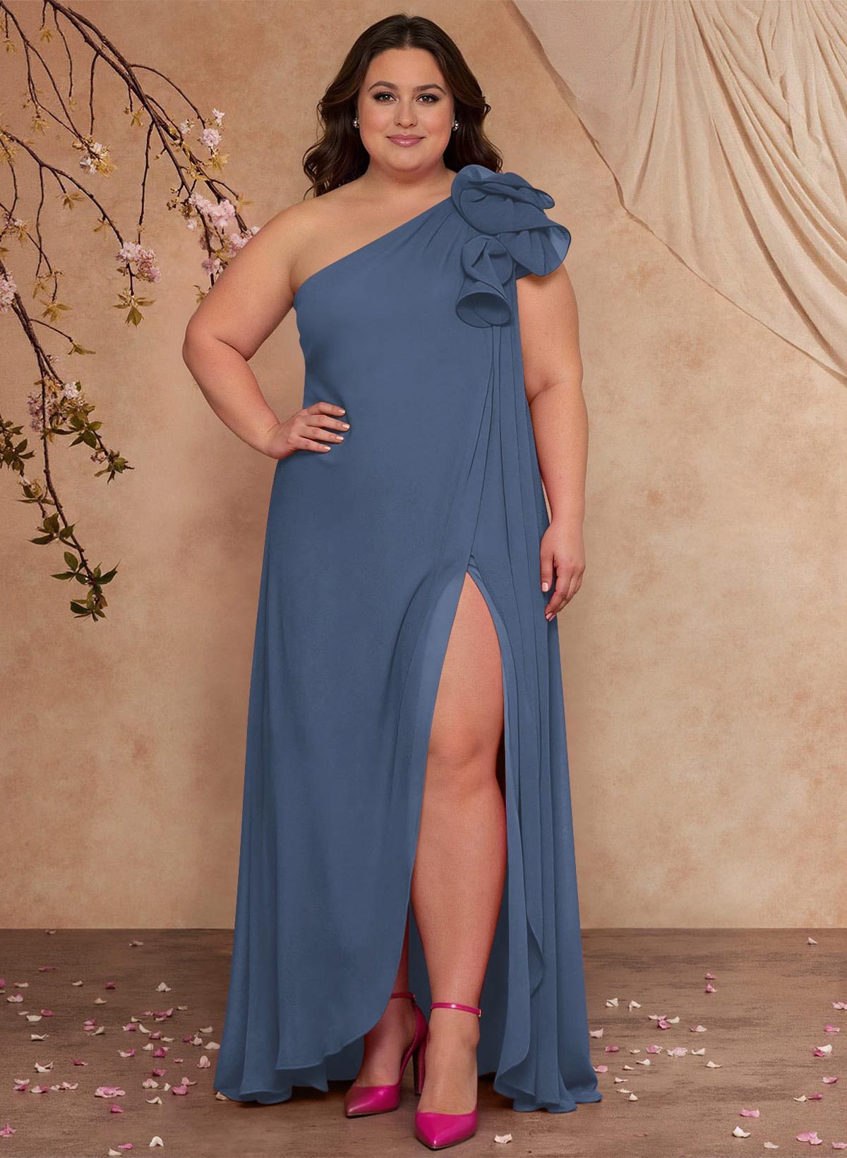 One-Shoulder Floor-Length Chiffon Mother Of The Bride Dresses With Split Front