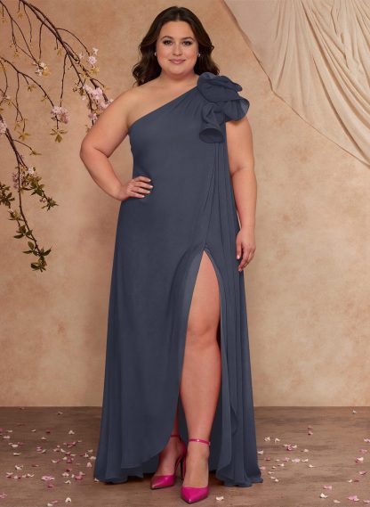 One-Shoulder Floor-Length Chiffon Mother Of The Bride Dresses With Split Front