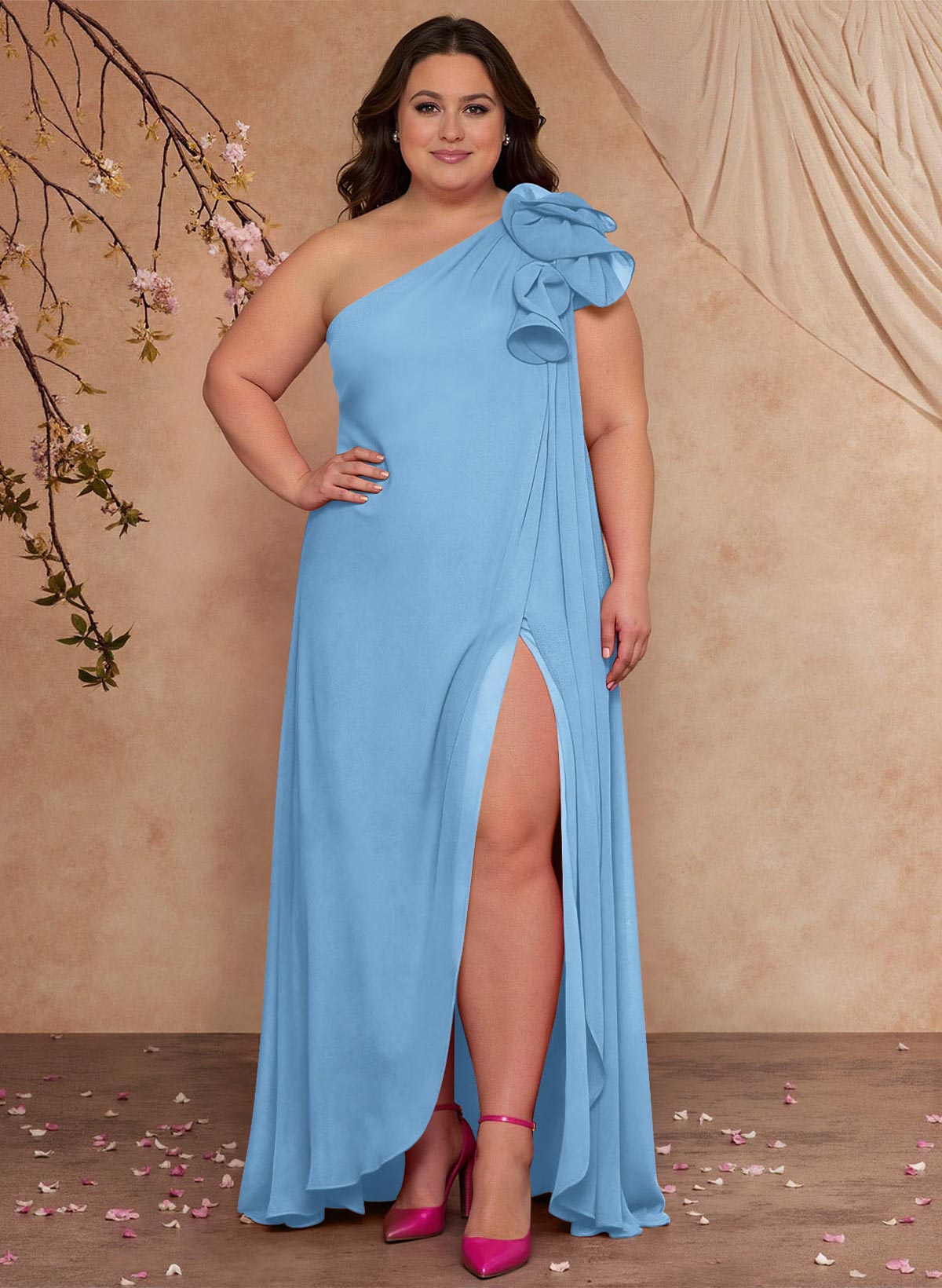 One-Shoulder Floor-Length Chiffon Mother Of The Bride Dresses With Split Front