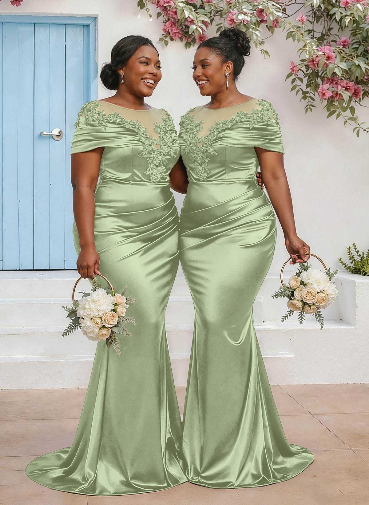Trumpet/Mermaid Illusion Neck Sleeveless Sweep Train Bridesmaid Dresses With Pleated/Appliques Lace, product image 55