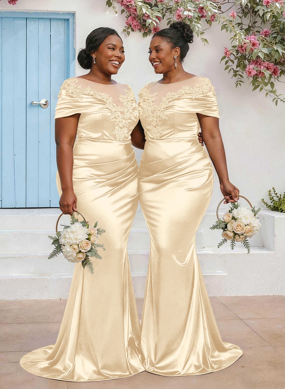 Trumpet/Mermaid Illusion Neck Sleeveless Sweep Train Bridesmaid Dresses With Pleated/Appliques Lace, product image 5