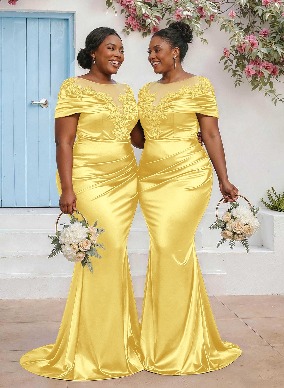 Trumpet/Mermaid Illusion Neck Sleeveless Sweep Train Bridesmaid Dresses With Pleated/Appliques Lace, product image 81