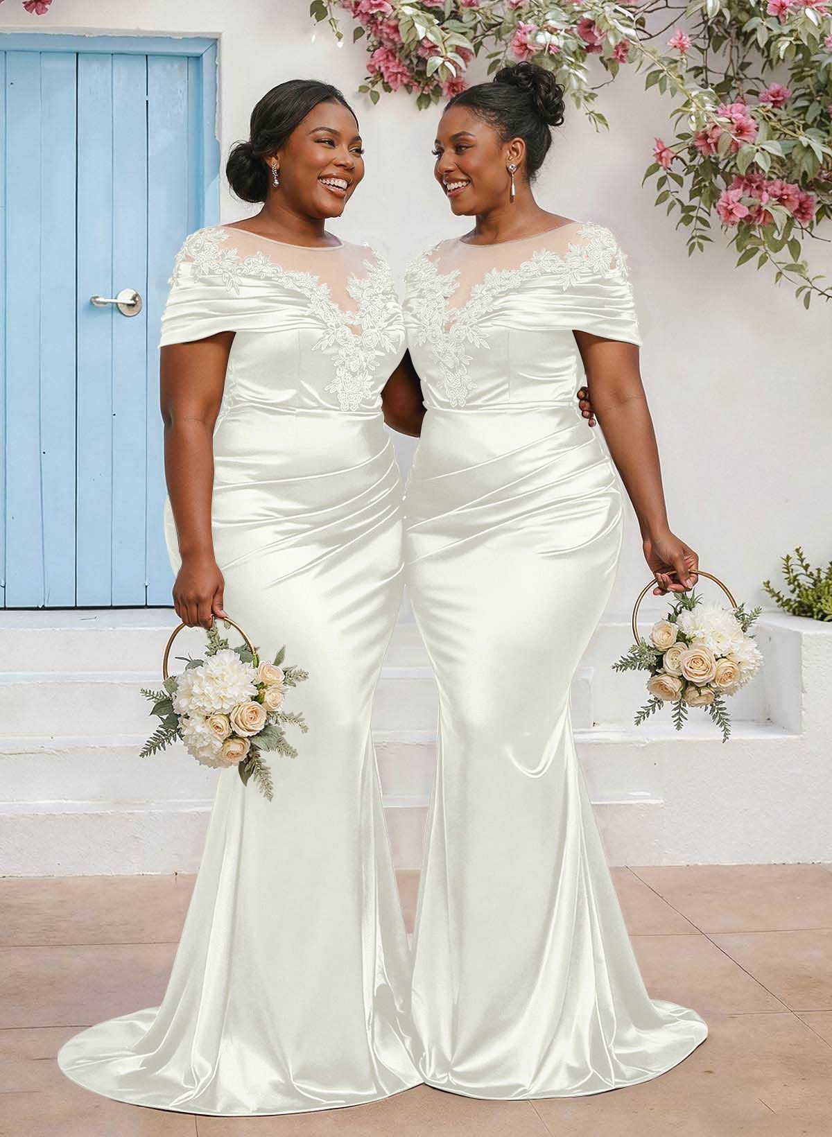 Trumpet/Mermaid Illusion Neck Sleeveless Sweep Train Bridesmaid Dresses With Pleated/Appliques Lace, product image 97
