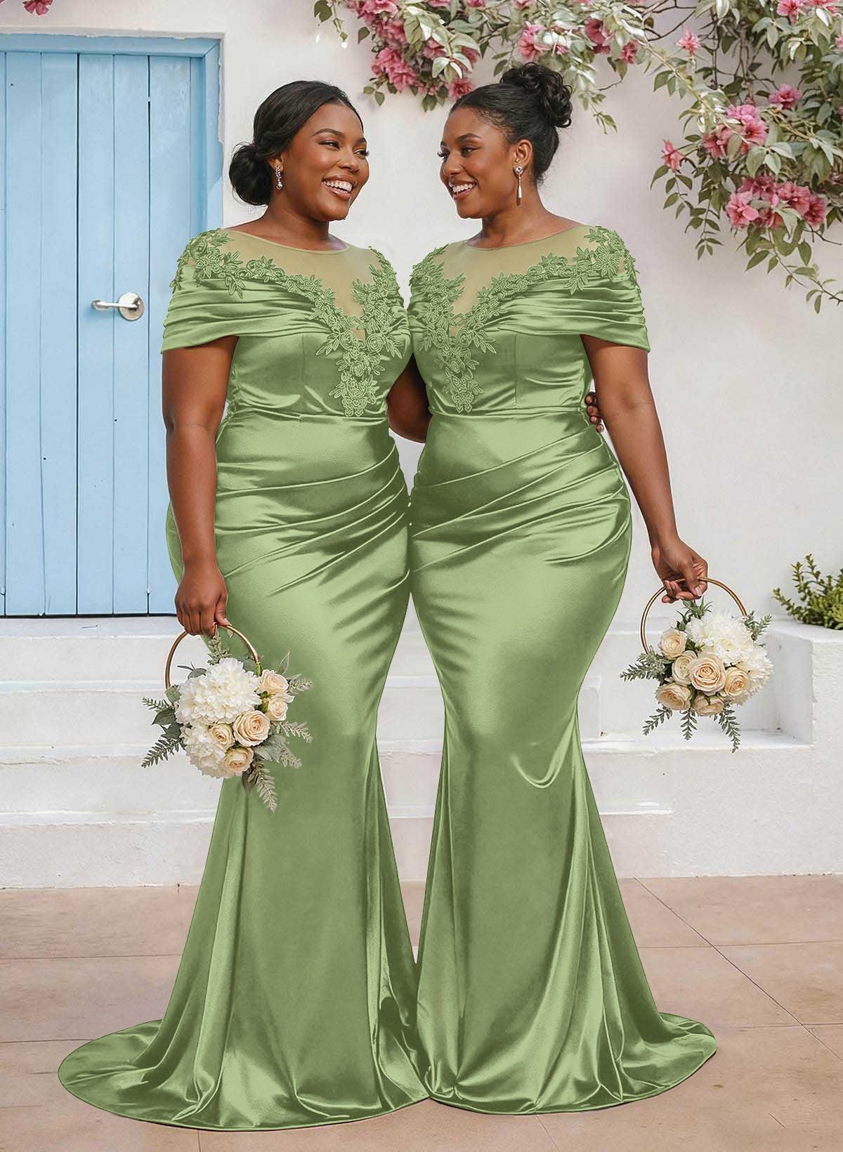Trumpet/Mermaid Illusion Neck Sleeveless Sweep Train Bridesmaid Dresses With Pleated/Appliques Lace, product image 59