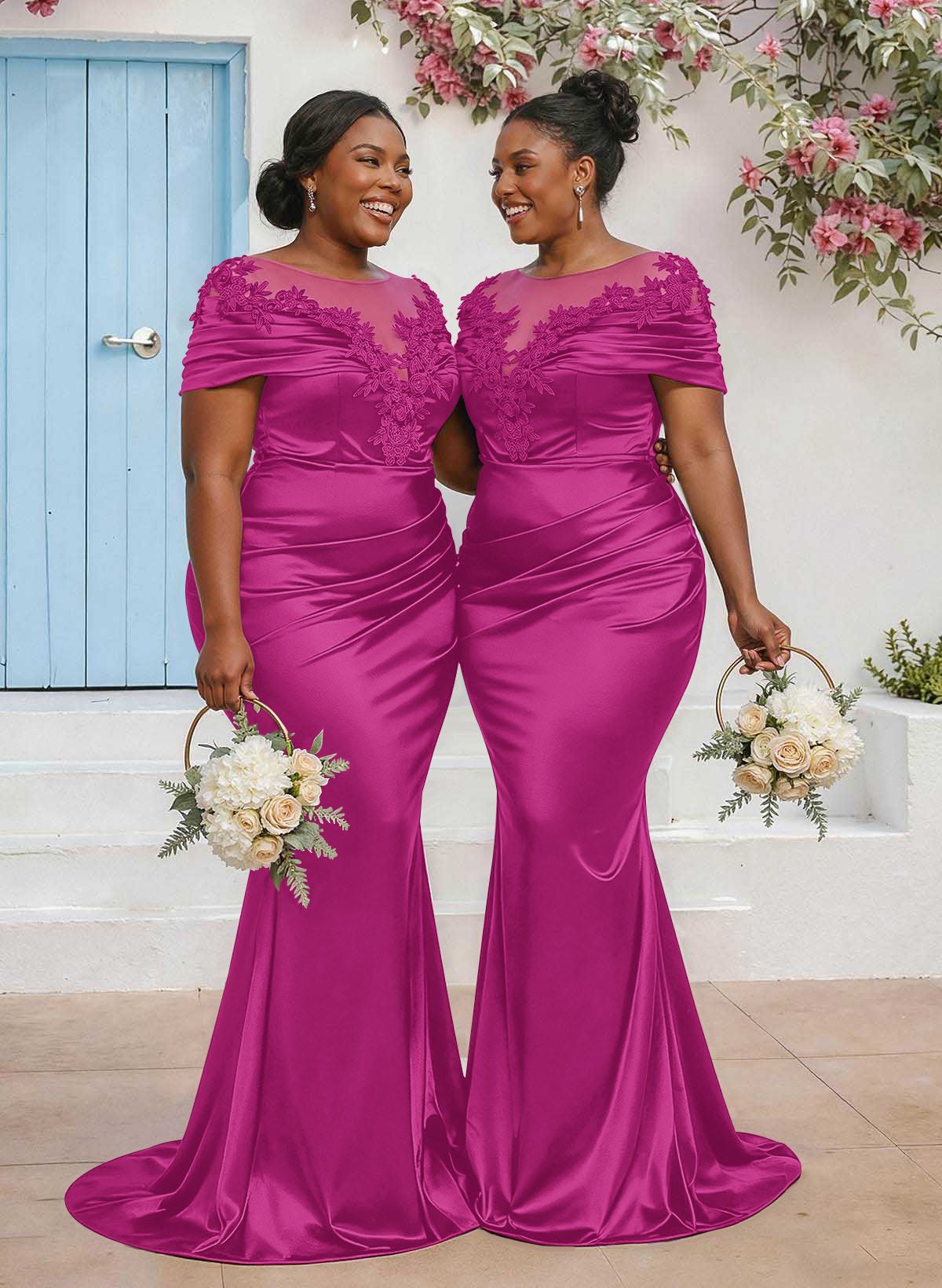 Trumpet/Mermaid Illusion Neck Sleeveless Sweep Train Bridesmaid Dresses With Pleated/Appliques Lace, product image 63