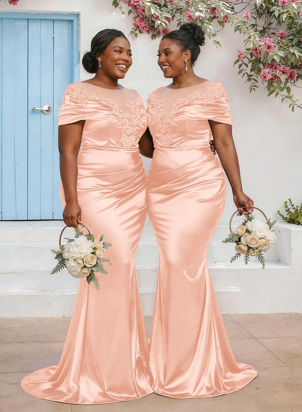 Trumpet/Mermaid Illusion Neck Sleeveless Sweep Train Bridesmaid Dresses With Pleated/Appliques Lace, product image 33