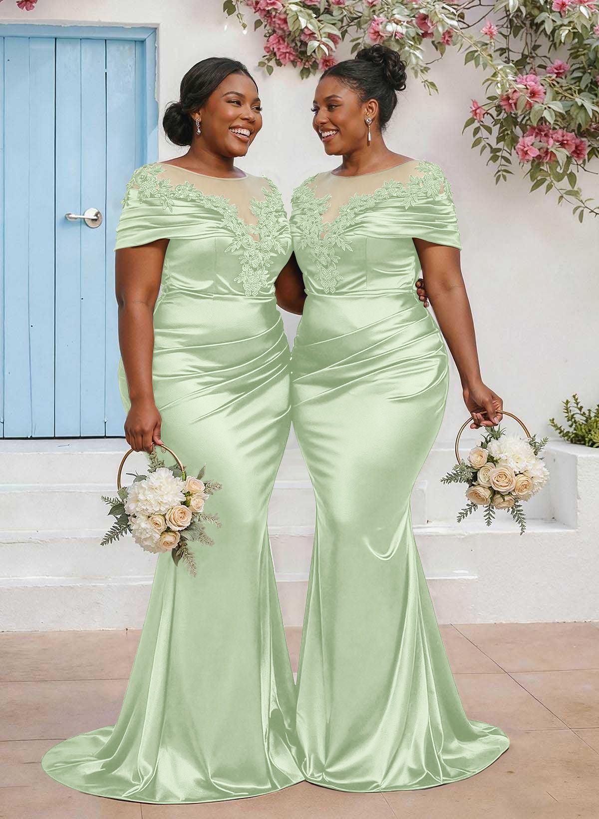 Trumpet/Mermaid Illusion Neck Sleeveless Sweep Train Bridesmaid Dresses With Pleated/Appliques Lace, product image 101