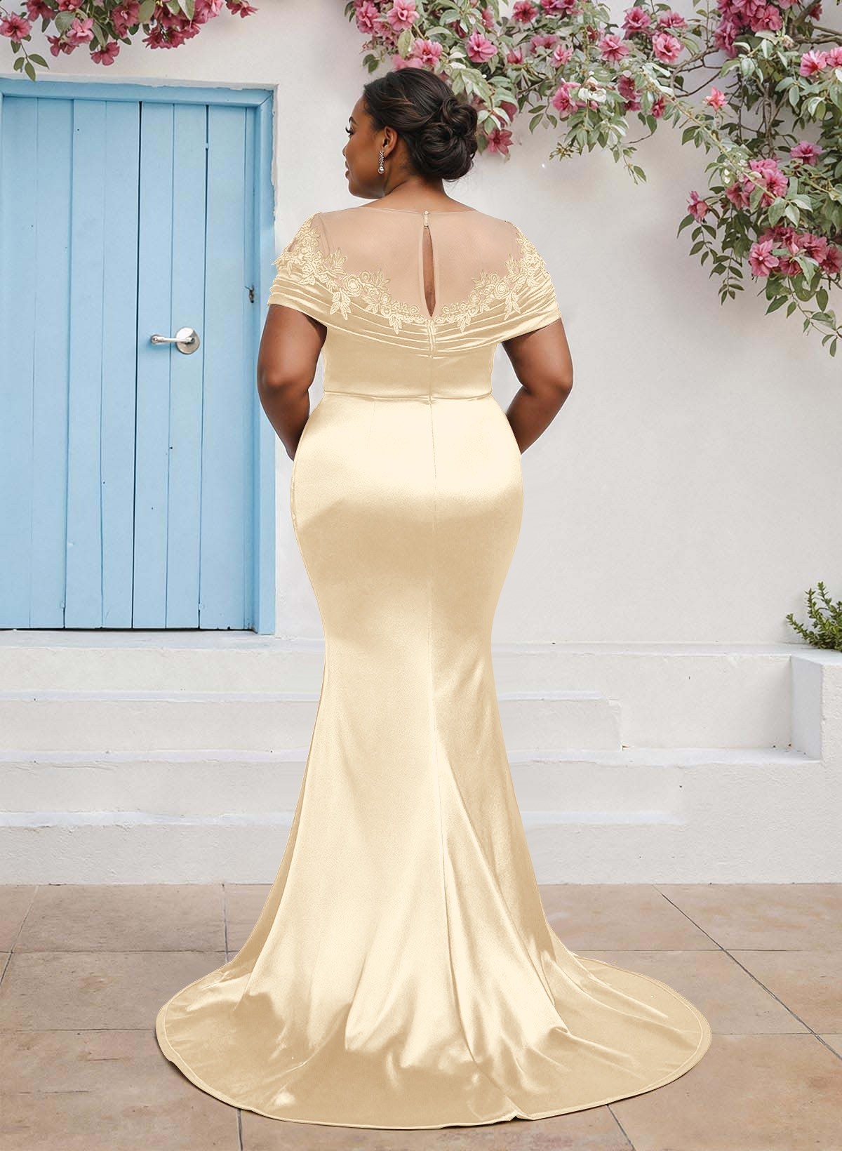 Trumpet/Mermaid Illusion Neck Sleeveless Sweep Train Bridesmaid Dresses With Pleated/Appliques Lace, product image 6