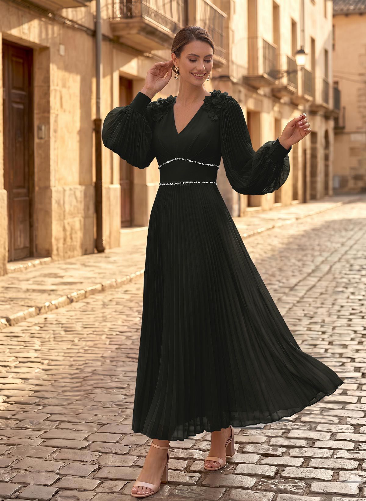 A-Line V-Neck Long Sleeves Ankle-Length Chiffon Mother Of The Bride Dresses