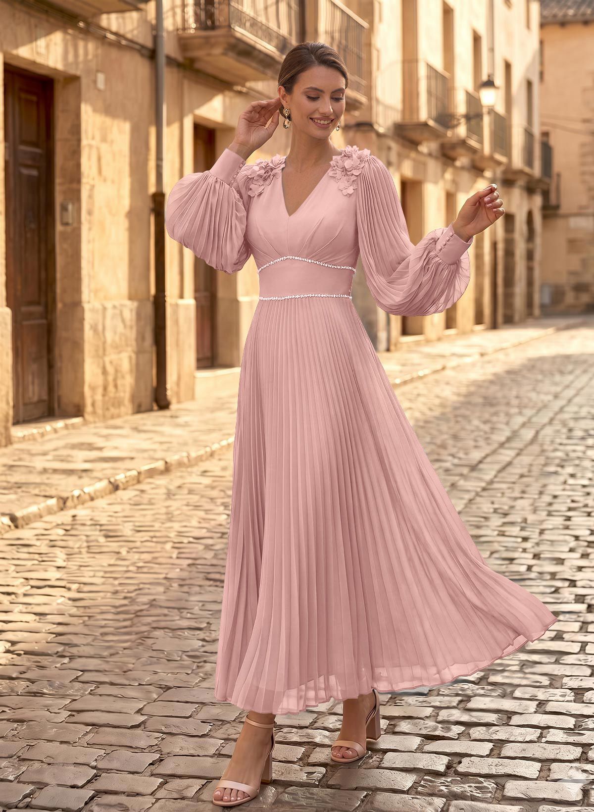 A-Line V-Neck Long Sleeves Ankle-Length Chiffon Mother Of The Bride Dresses