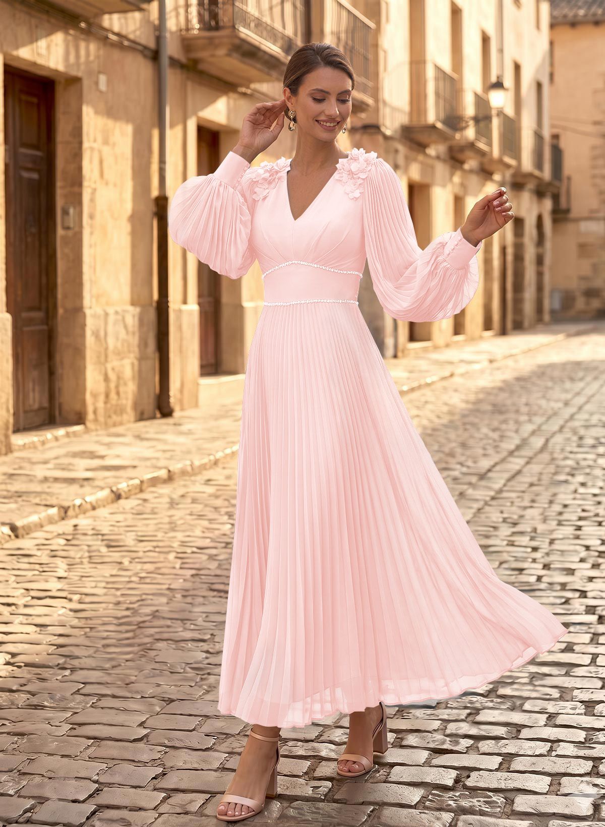 A-Line V-Neck Long Sleeves Ankle-Length Chiffon Mother Of The Bride Dresses