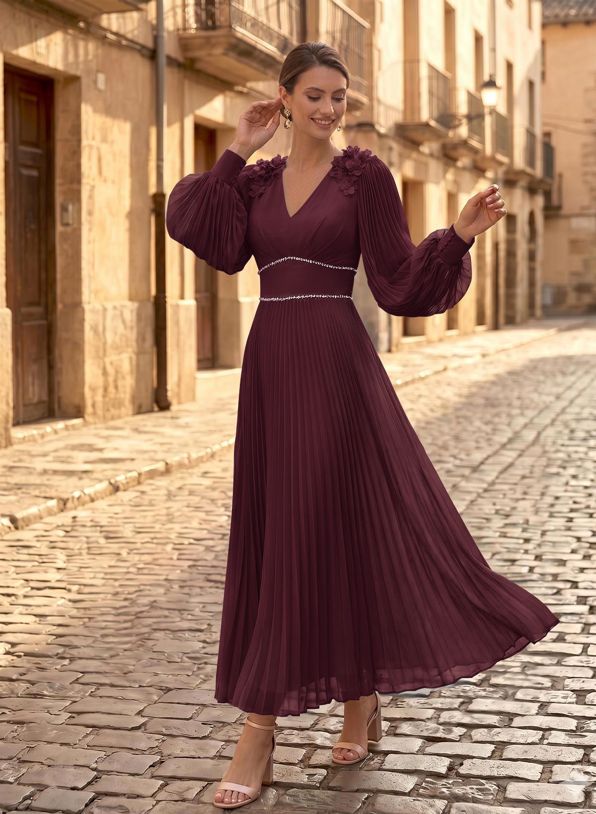A-Line V-Neck Long Sleeves Ankle-Length Chiffon Mother Of The Bride Dresses