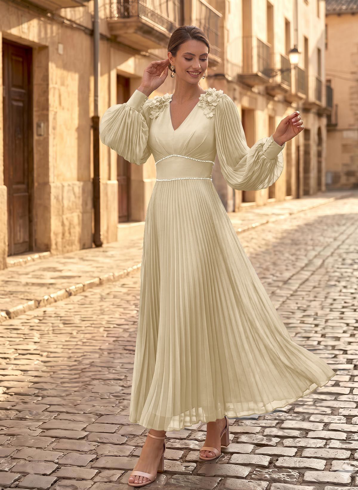 A-Line V-Neck Long Sleeves Ankle-Length Chiffon Mother Of The Bride Dresses