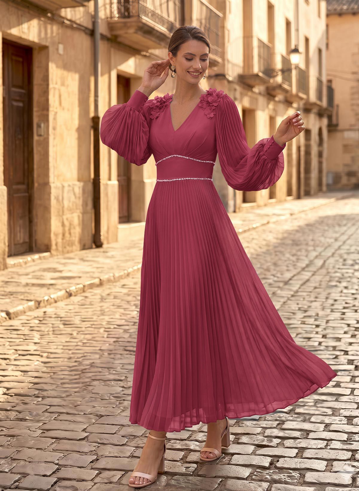 A-Line V-Neck Long Sleeves Ankle-Length Chiffon Mother Of The Bride Dresses