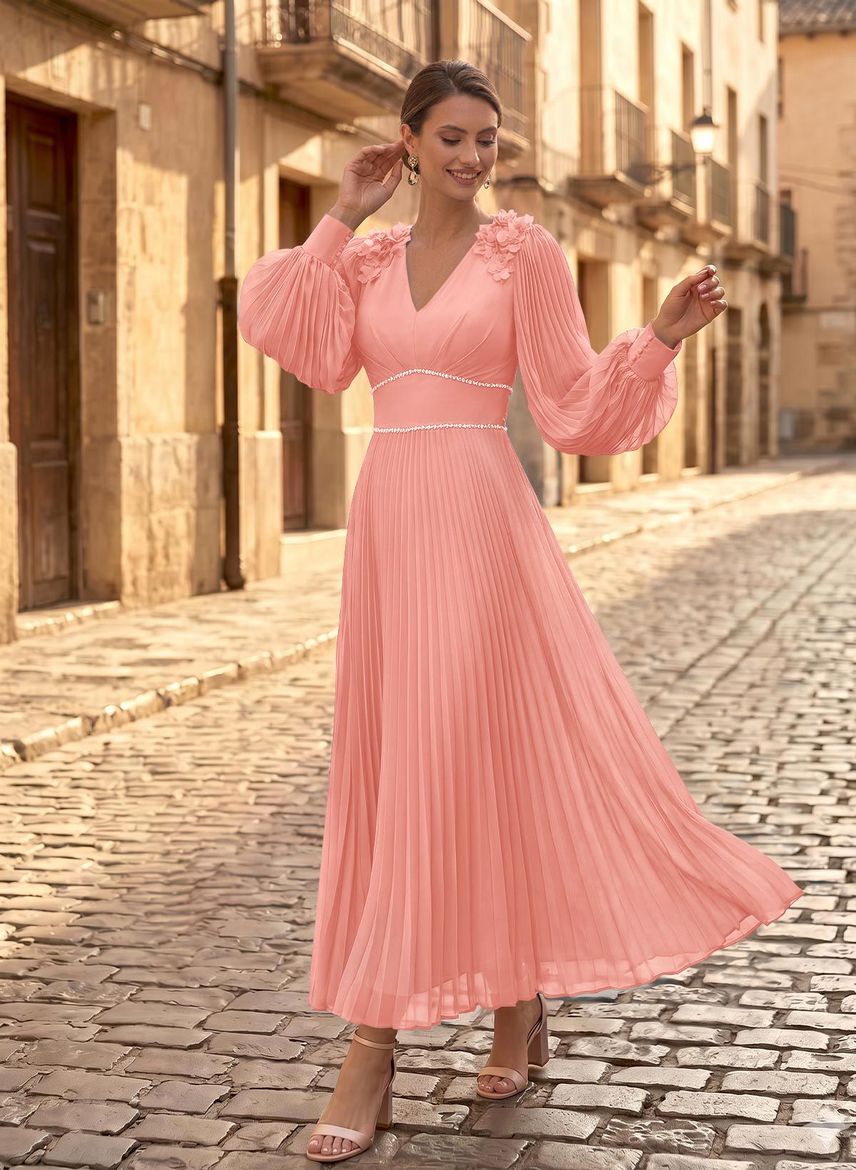 A-Line V-Neck Long Sleeves Ankle-Length Chiffon Mother Of The Bride Dresses