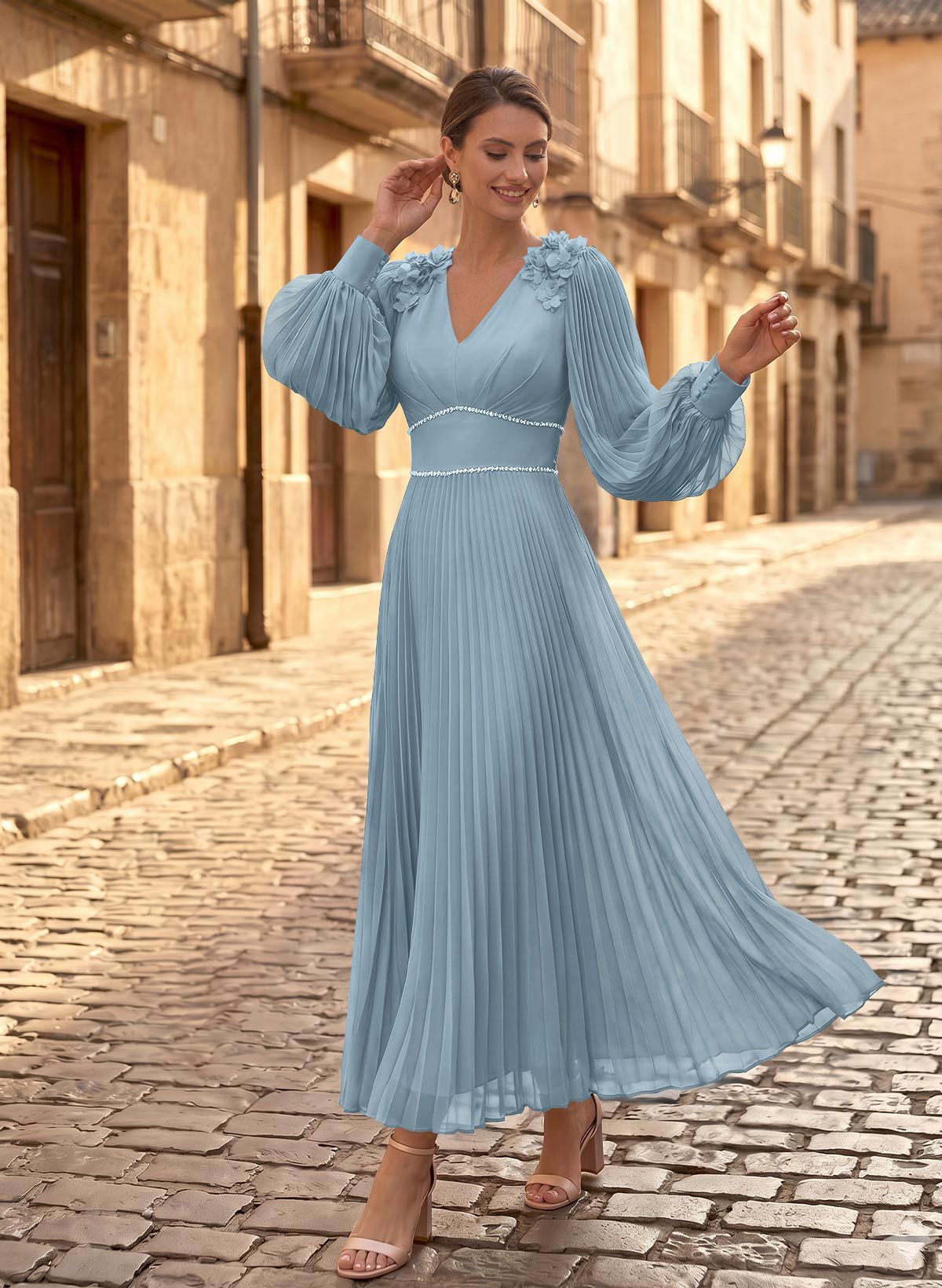 A-Line V-Neck Long Sleeves Ankle-Length Chiffon Mother Of The Bride Dresses