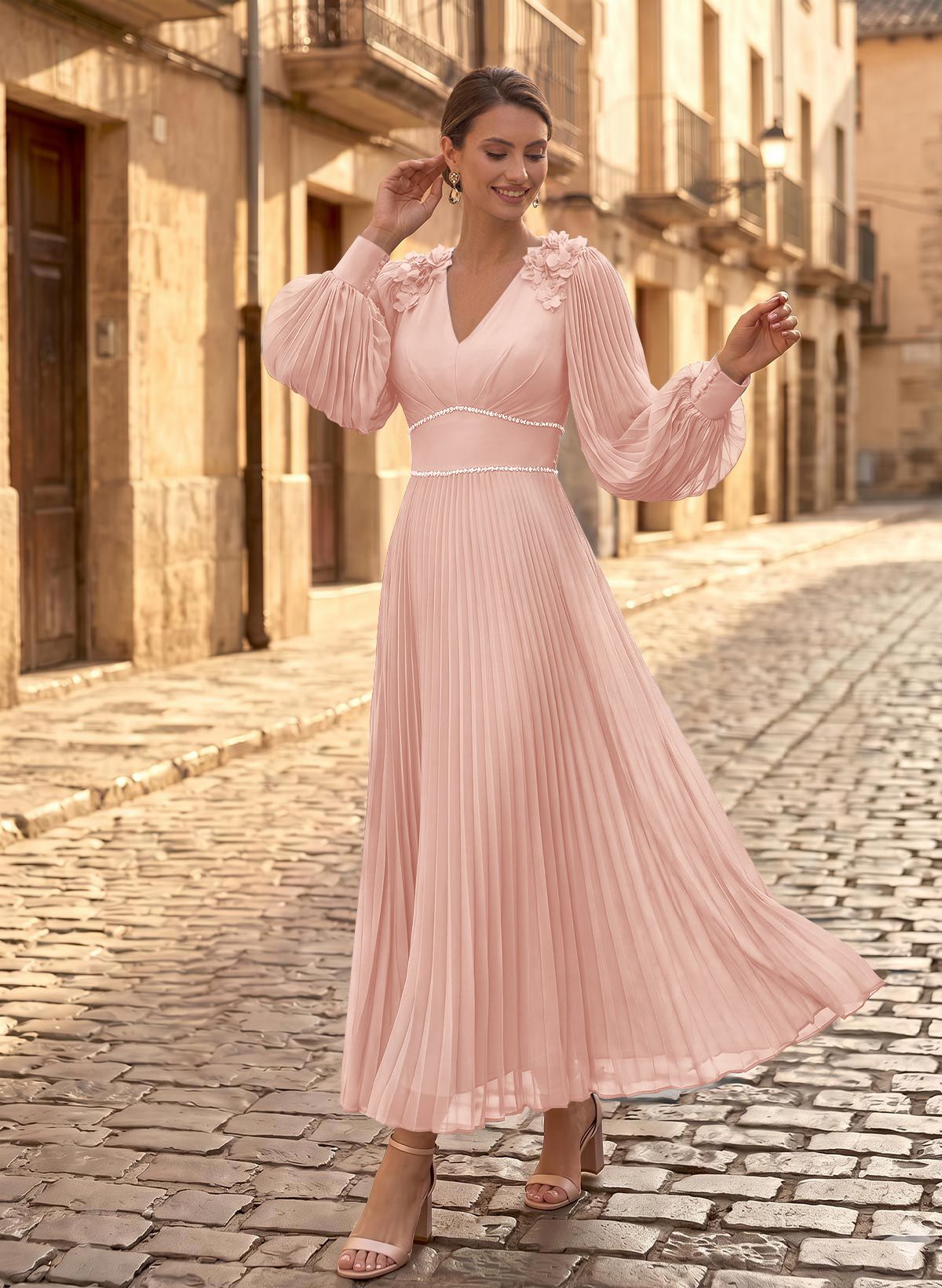 A-Line V-Neck Long Sleeves Ankle-Length Chiffon Mother Of The Bride Dresses