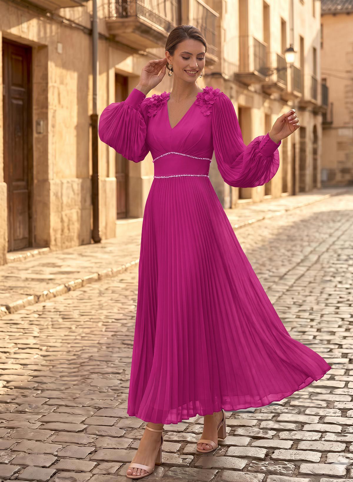 A-Line V-Neck Long Sleeves Ankle-Length Chiffon Mother Of The Bride Dresses